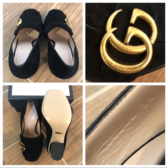 GUCCI Marmont GG Black Suede Fringe Loafer Heel 34 - Picture 8 of 8